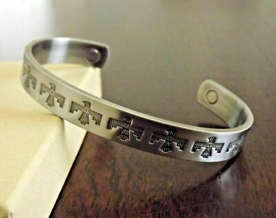 Silver Plated Copper Magnetic Bracelet Arthritis Therapy Cuff - Aztec