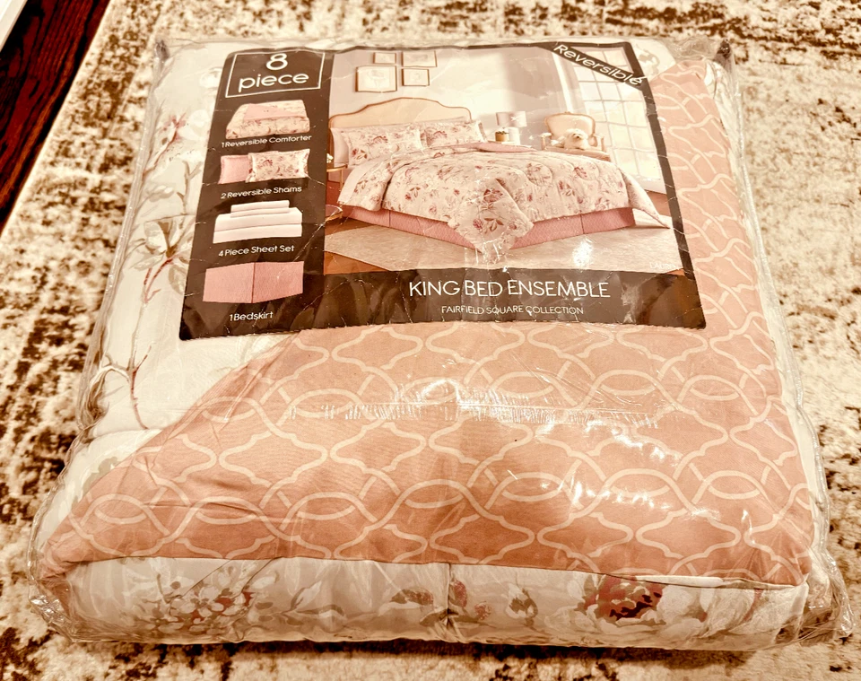 Juego de Edredón King Reversible 8 Piezas - Flor Laurel Rosa - Nuevo y Precintado Foto 2 de 2