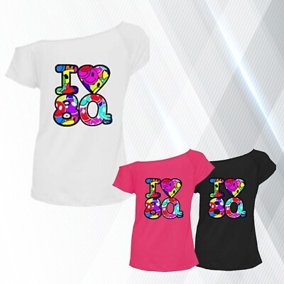 Damen I Love The 80er Jahre T-Shirts schulterfrei Kostüm Damen Neon Festival Top