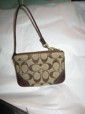 Coach Wristlet Jacquard Signature C Tan With brown Leather Trim EUC