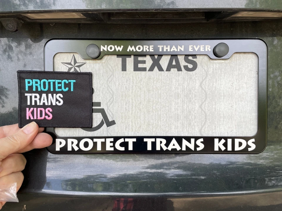 PROTECT TRANS KIDS  4x3" embroidered patch in Transgender Pride colors on black - Image 2 of 4