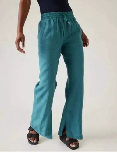 Athleta Retreat Linen Wide Leg Pants Blue Green Size 8 Tall Drawstring Coastal