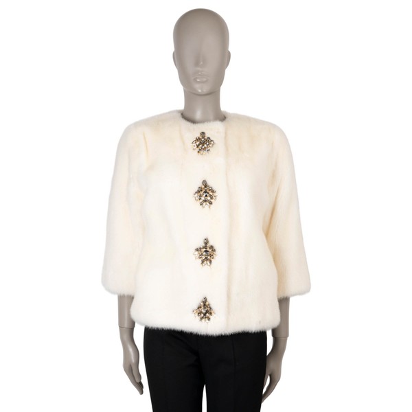 73647 authentique CHANEL blanche 2016 VESTE EN FOURRURE DE VISON ORNÉE DE CRISTAUX 44 L