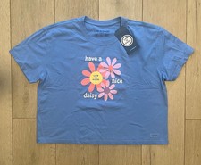 life is good vibes womens blue short sleeve copped floral daisy graphic tee l