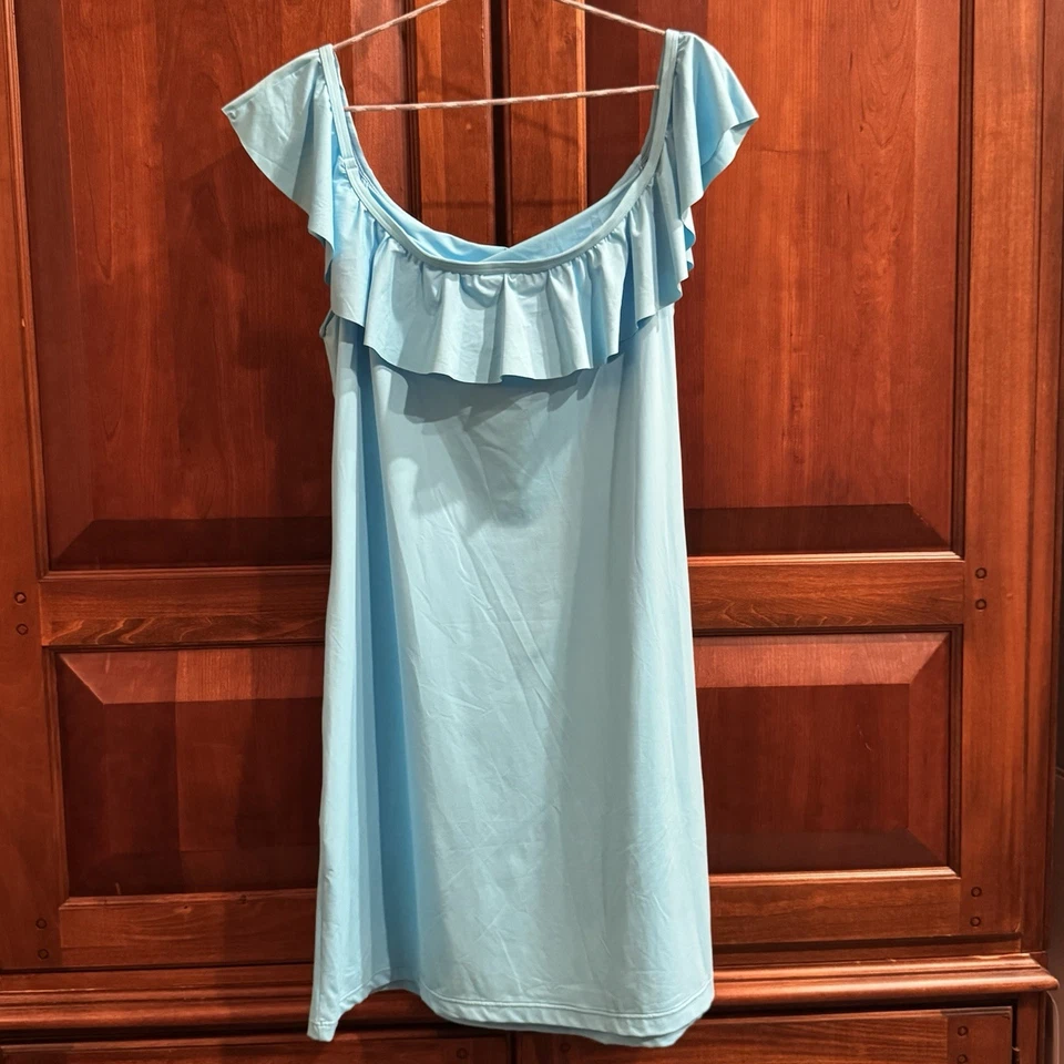 NUEVO Vestido Tommy Bahama Perla Fuera del Hombro Volantes Spa Azul Talla L Foto 4 de 4