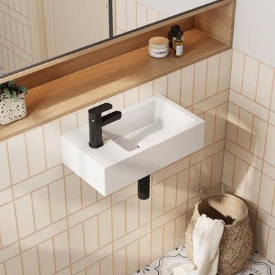 HOROW Left Hand White Ceramic Wall-Mounted Rectangle Vessel Sink Porcelain