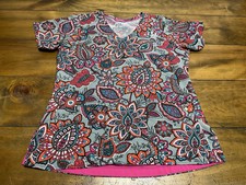 Vera Bradley Women's S Scrub Top Pink Floral/Paisley Short Sleeve V-Neck Pockets