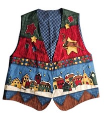 Vtg Handmade Reversible Ugly Christmas Vest Women L Christmas Village Holiday