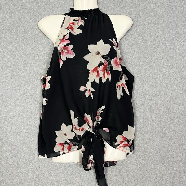 Portmans Top Womens 12 M Floral Black Flowers High Neck Halter Tie Knot Blouse