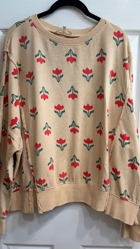 Easel Floral Tan Mineral Wash Sweatshirt Pullover Top Flowers All Over Small