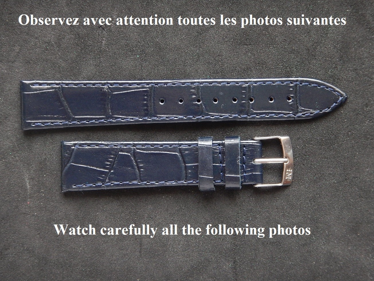 Bracelet 18mm en cuir bleu foncé façon alligator avec coutures renforcées