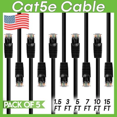 5 PACK Cat5e Cable Black Cat 5 Patch Cord Ethernet RJ45 Connectors LAN Wire