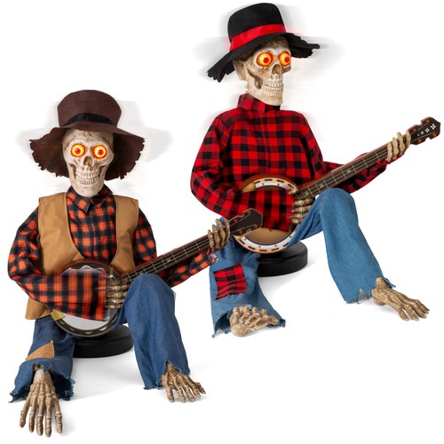 Halloween Animatronics Banjo Skeletons Duo Decorations, Animated Colorful