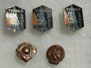 Lot of 5 VTG Bowling Lapel Pins Timber Lanes Portland 200/225 Game, 500 series