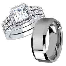Hers Sterling Silver His Stainless Steel Engagement Wedding Ring Band Set Gifts
