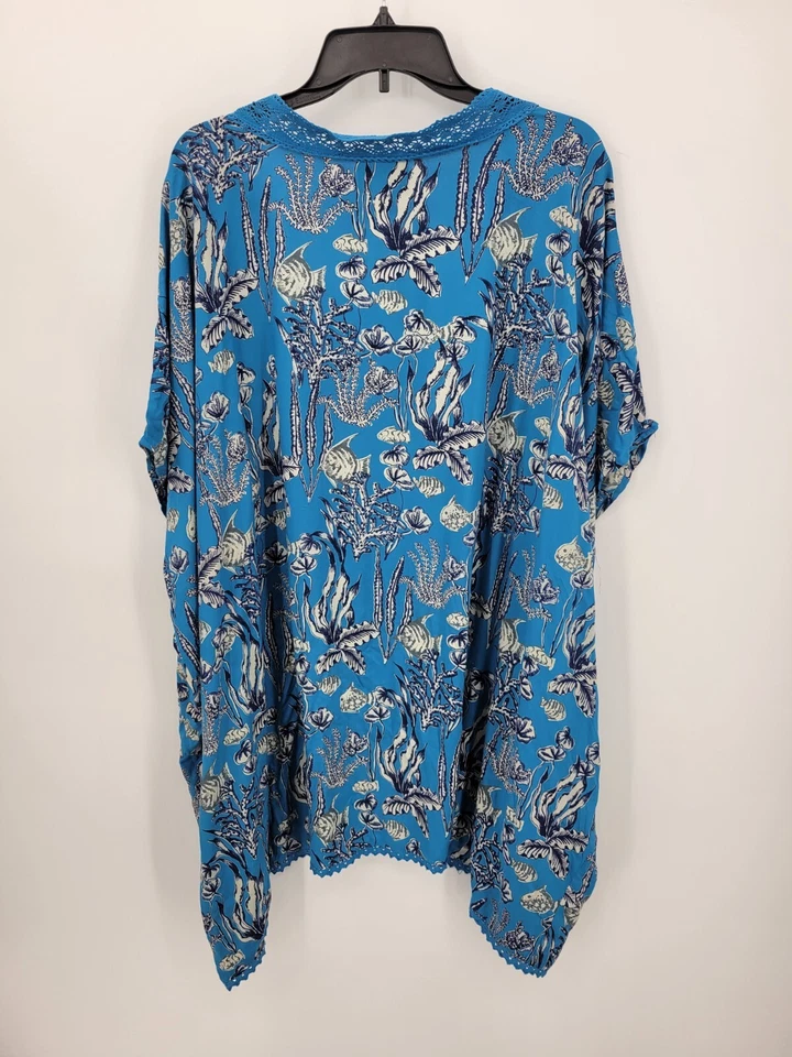 Angie Kimone Caftán Mujer Talla Única Azul Floral Acuario Escena Frente Abierto Boho Foto 2 de 4