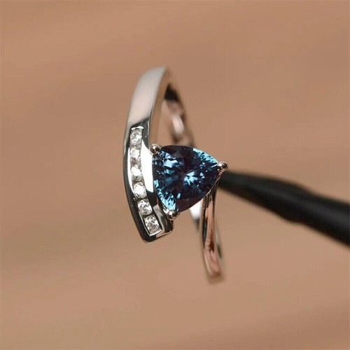 Trillion Cut Simulated Blue Sapphire Engagement Ring In 14k White Gold Plated - Picture 2 of 5