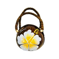 Real Coconut Shell Hawaiian Hand Painted White Flower Purse from Maui, Hawaii