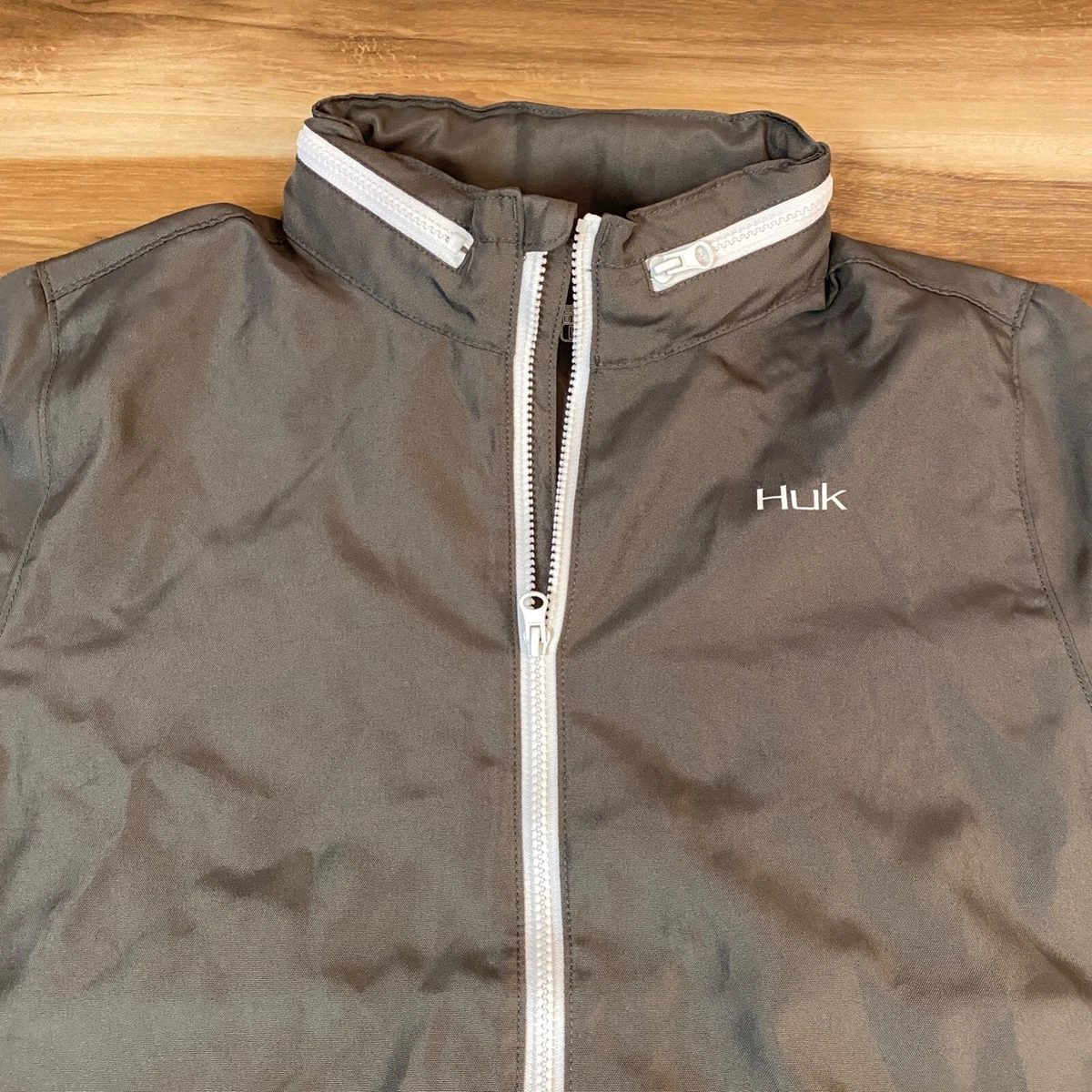 HUK Performance Jacket Mens Large Gray Full Zip Fishing Packable Hood