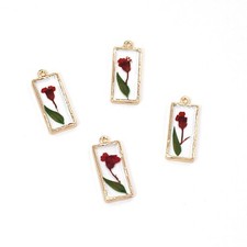 4PCS Gold Tone Real Dry Flower Resin Rectangle Charm Pendant Supply GBY313