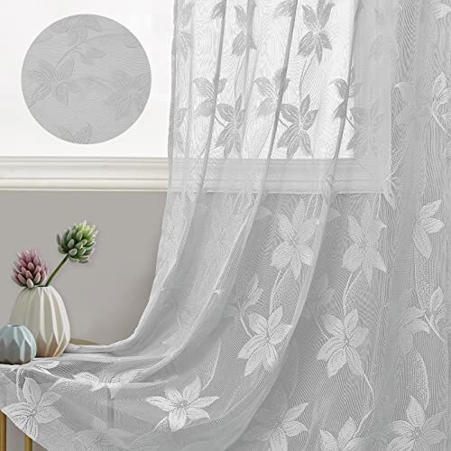2 Pack Lace Valances for Kitchen - Elegant Floral Design Rod 42x18 Lace Grey - Picture 3 of 6
