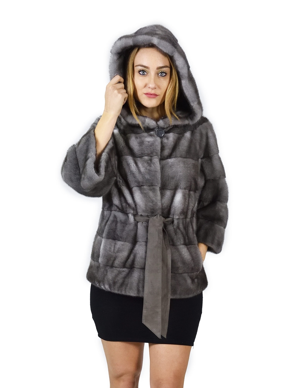 42 Blue Irish Mink Coat with Hood 68cm Horizontal Fur