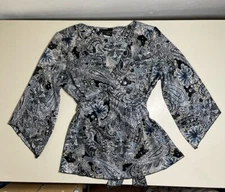 Elegant Talbots Long Sleeves Black White  Floral Polyester Twist Front Blouse M