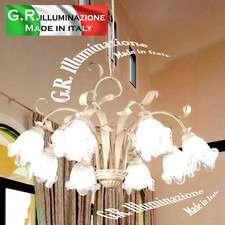 LAMPADARIO IN FERRO BATTUTO 8 LUCI AVORIO ORO SOSPENSIONE SALOTTO SOGGIORNO Sara