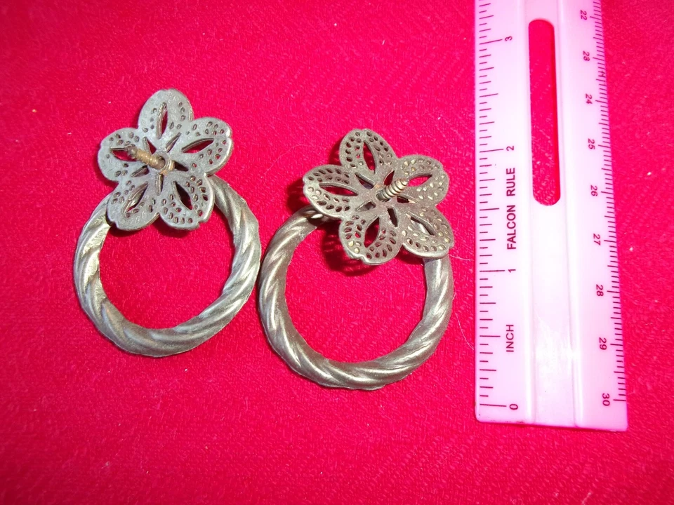 2环拉复古花卉背板小型古董手柄拉金属黄铜  — 第 2/4 张图片