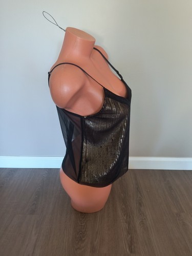 Forever 21 Women's Sheer Black Gold Sequin Swing Vneck Tank Top Size Medium - Picture 6 of 8