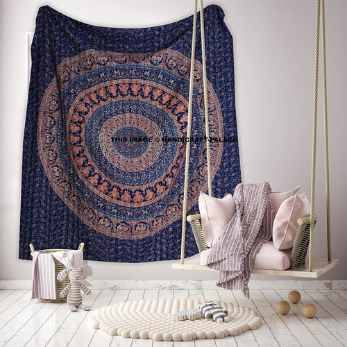 Elephant Mandala Print Kantha Quilt Bedspread Queen Size Blue Indian Bedding - Foto 1 di 4