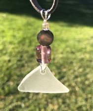 Large Beach Found Sea Glass Pendant "Grey Pearl Triangle Treat" Necklace Art