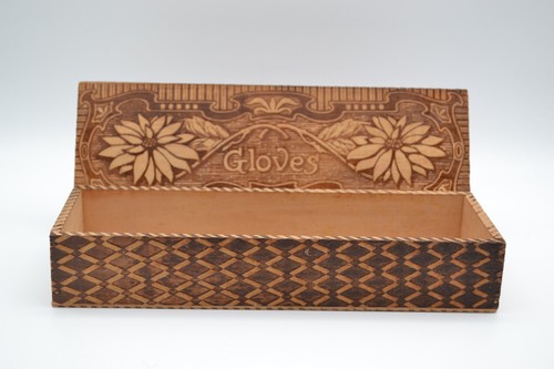 Antique Pyrography Wood Glove Box Floral Poinsettia Folk Art Wood Burned Storage