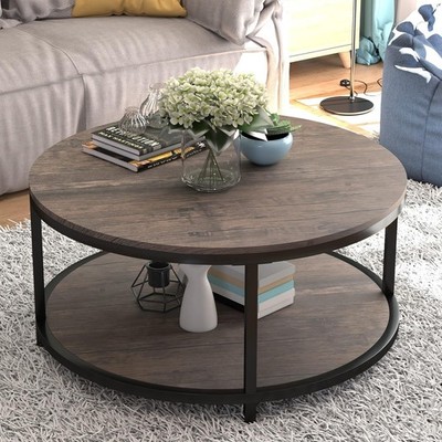 NSdirect Round Coffee Table 36 Inch 2 Tier Light Walnut