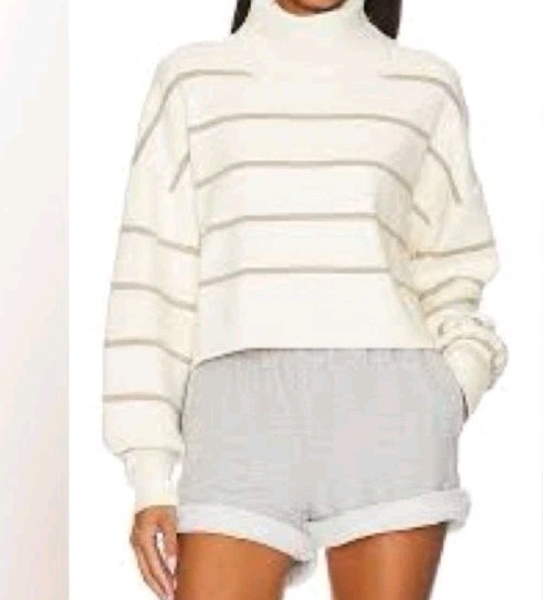 Free People Paulie Cropped Turtleneck Oversized Sweater Moonbeam Cream Striped M