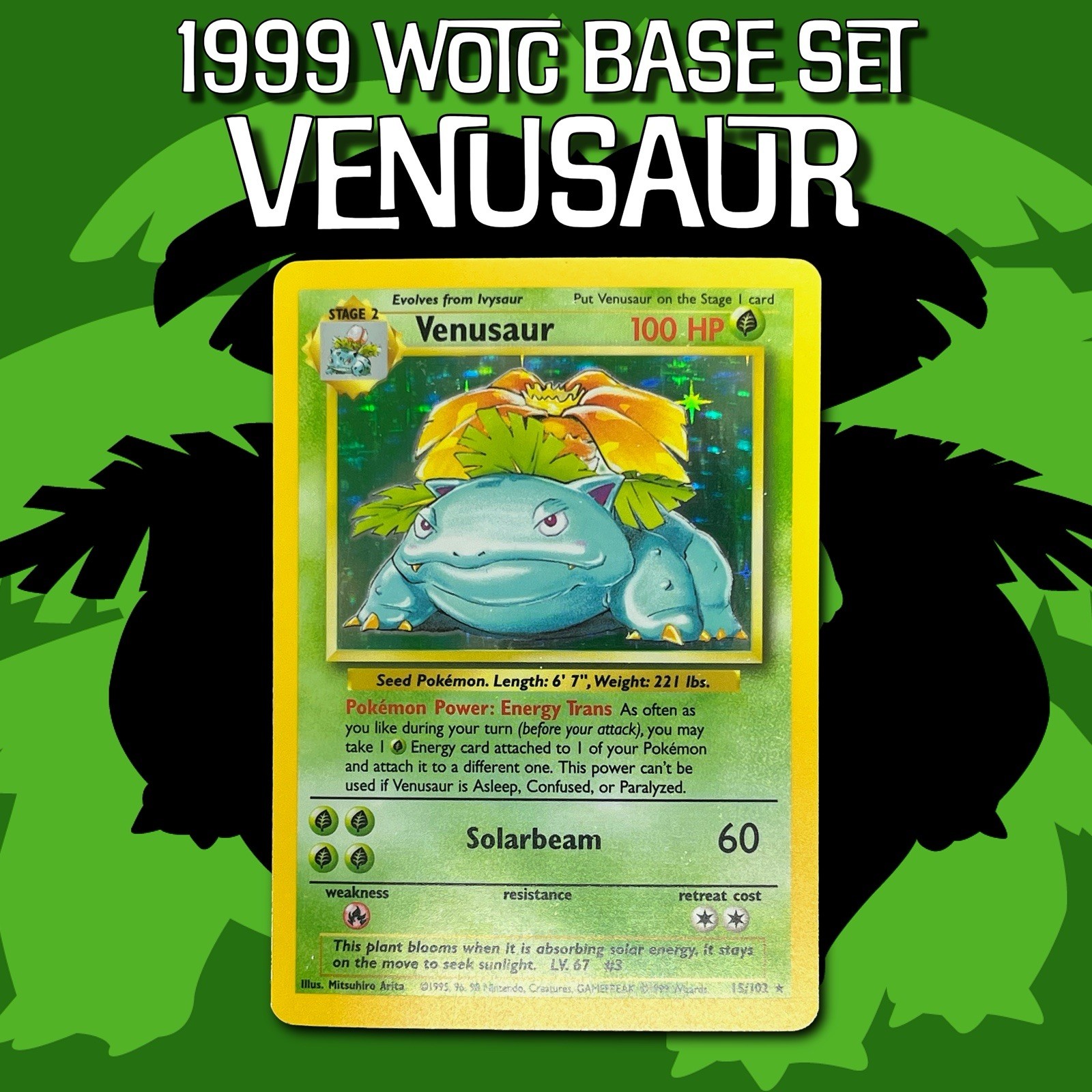 WoTC 1999 Pokémon Base Set Venusaur Holo Rare Card 15/102 EASY GRADE N PROFIT!!