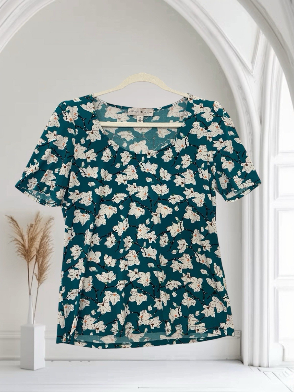 Catherine Malandrino Women Floral Puff Sleeve Top Size Large Lightweight Stretch