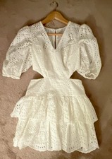 BCBGMAXAZRIA Off-White Eyelet Mini Dress V-Neck Puff 3/4 Sleeve Cutout Sz 2 NWT