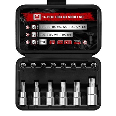 14piece Torx Bit Socket Set T6t60 S2 And Crv Steel Star Bit Socket Set 1/4 3/8