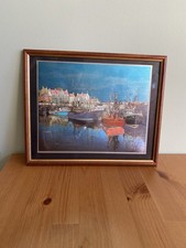 Vintage Dufex Foil Art Print of Port Harbour Boats Framed 32x26cm
