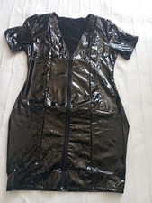 LATEST DESIGN Shiny Black Faux Leather Wet Look Zip Up Front Mini Dress Size 18