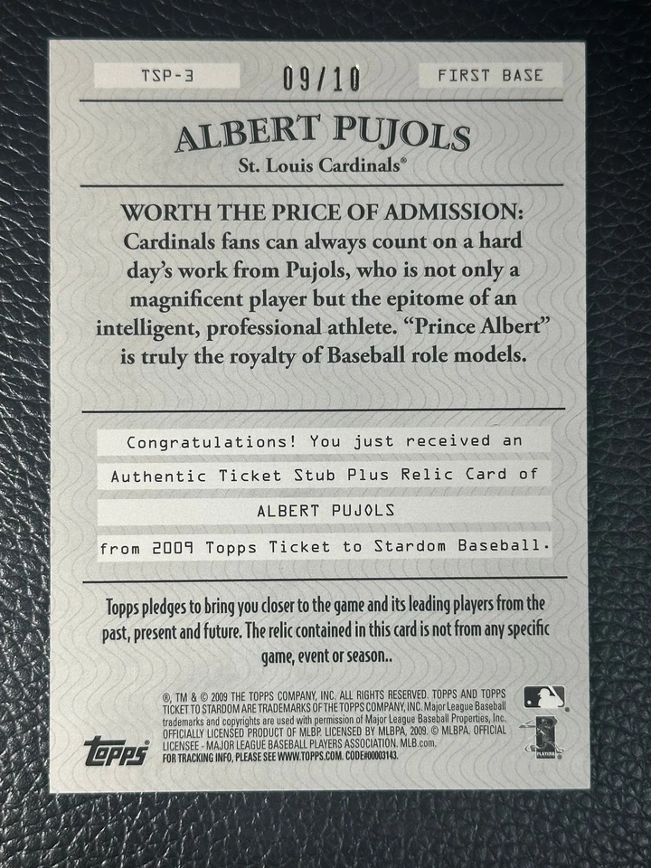 2009 Topps Ticket To Stardom Albert Pujols /10 Game Used Jersey Ticket Stub - Image 2 of 2