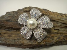 Pave Rhinestone Flower Brooch Pin Faux Pearl Center Clear and AB Stones