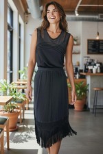 Vintage CHANEL Knit Dress 44 12 Black Lace Frill CC Logo Bow Tie 2006 Lining