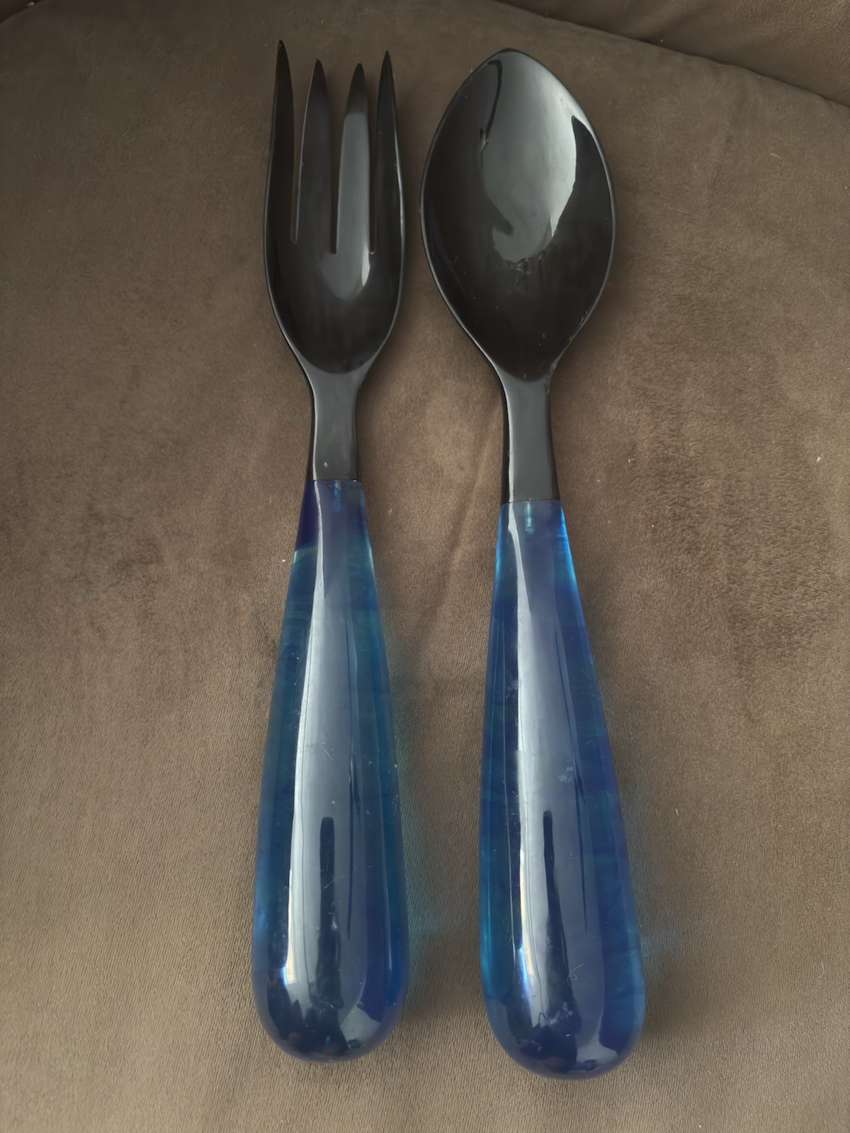 Blue Marbled Plastic Salad Server Set Fork and Spoon Reusabl