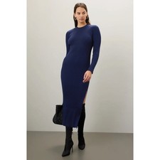 Marina Moscone Midi Crew Neck Sheath Dress Navy Blue Ribbed Long Sleeve Sz L