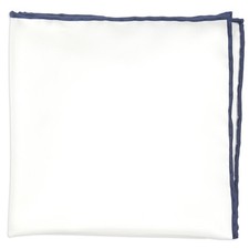 Silk White Pocket Square for Men, Navy Edge Rolled by Hand