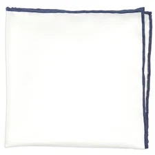 Silk White Pocket Square for Men, Navy Edge Rolled by Hand