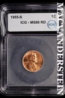 1955-S Lincoln Wheat Cent-ICG MS 66 RD Choice Gem BU No Reserve #SLM4
