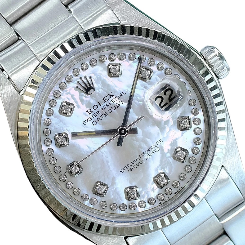 Rolex Datejust Mens Watch White Mother Of Pearl Diamond Dial